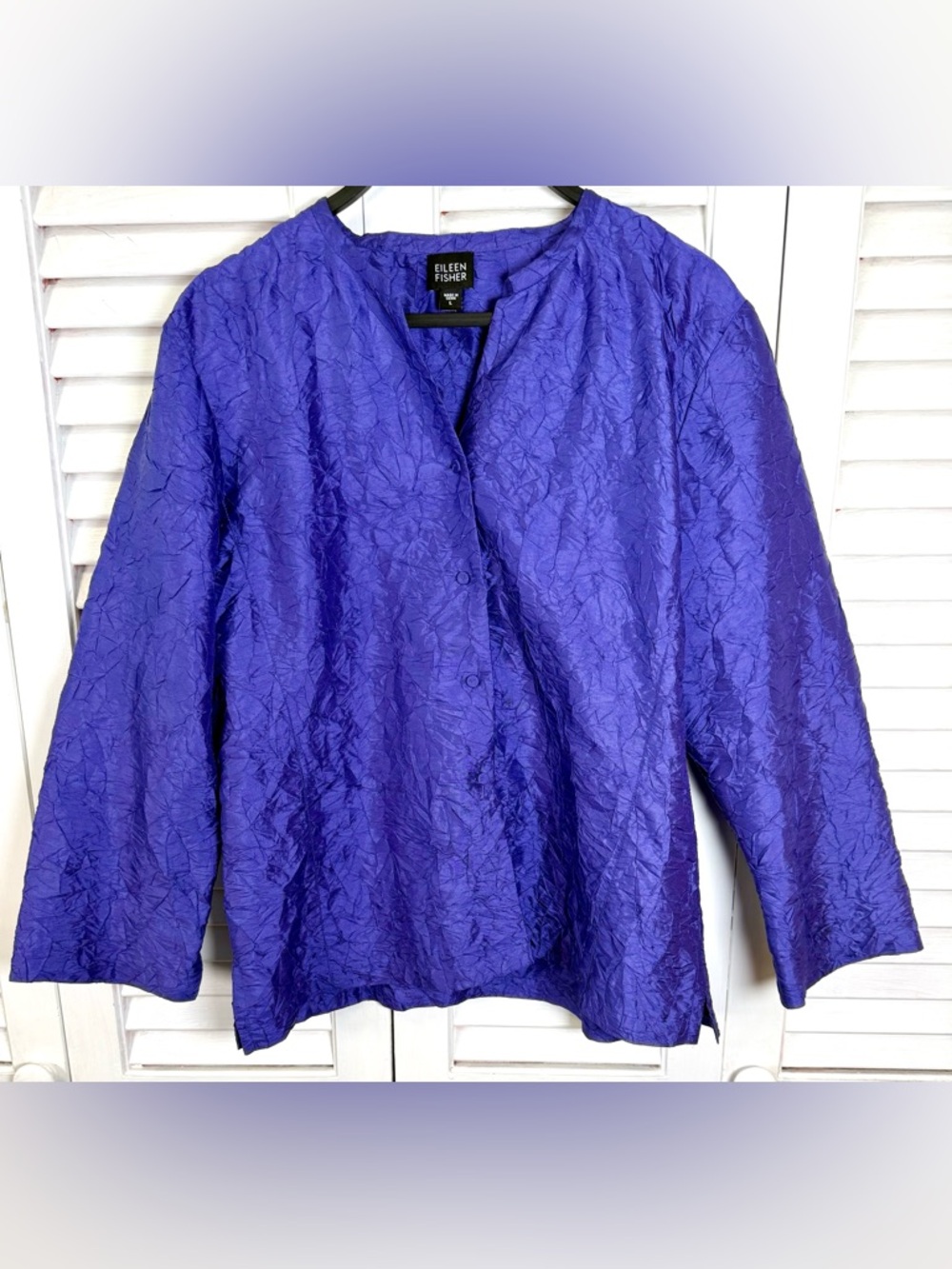 Eileen Fisher 100 % Silk Purple Textured Blouse Relaxed Fit Minimalist Size L